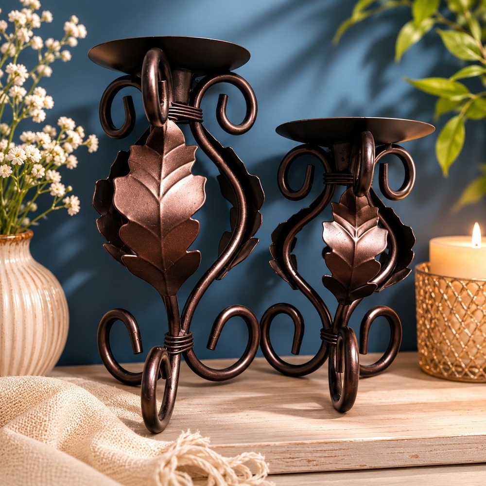 Brushed Copper-Colored Candle Holders Set Of 2 Scroll Farmhouse Rustic Tuscan